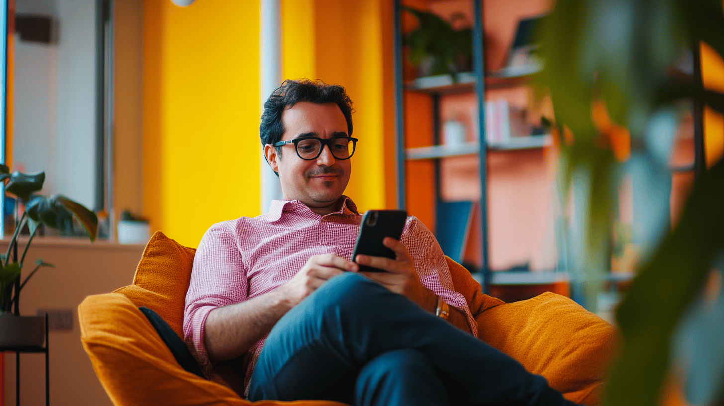 A man in glasses sits comfortably on an orange chair, looking at his phone in a brightly colored room.