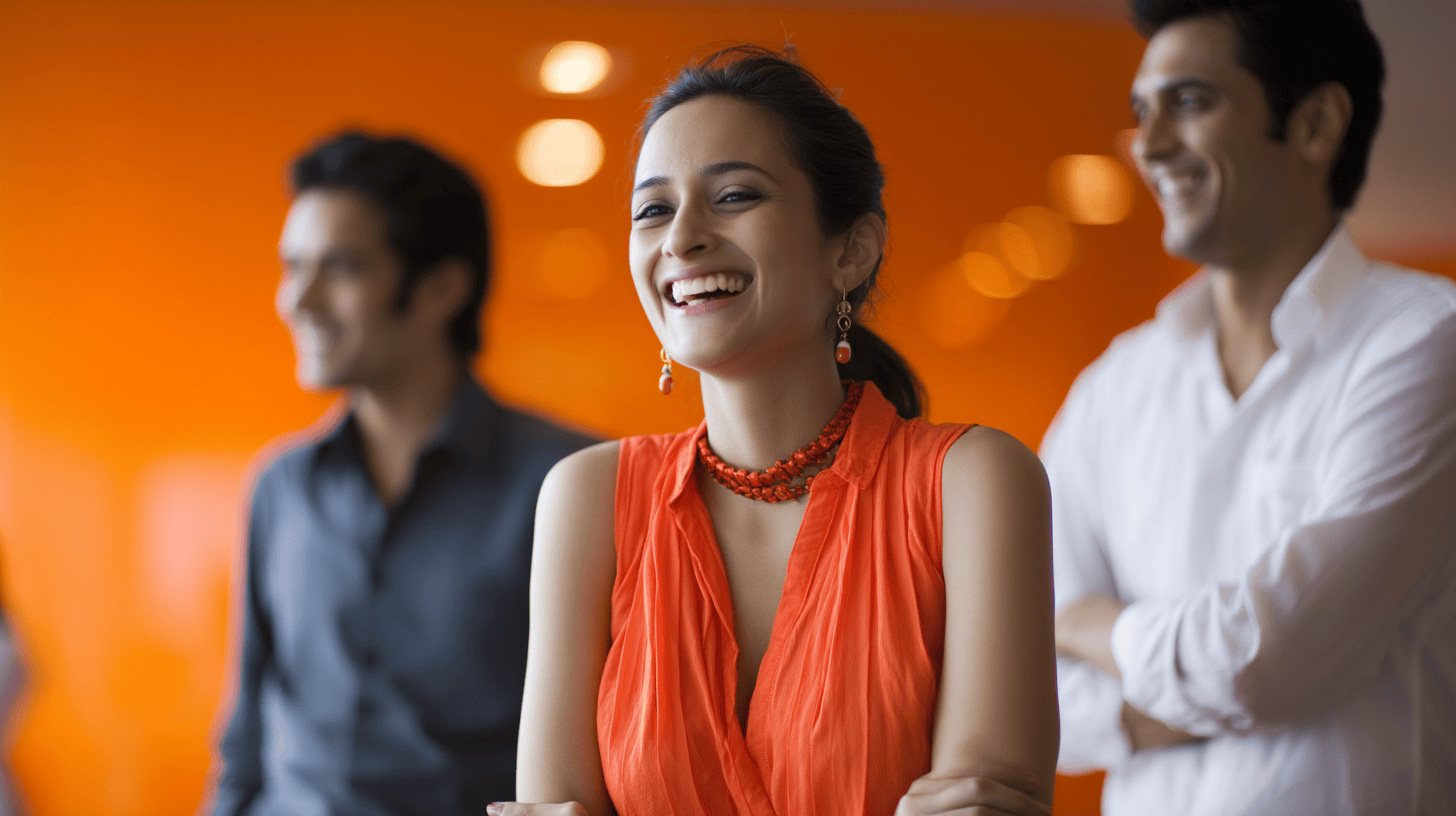 Three smiling individuals in a brightly lit space with an orange background; one woman wears an orange top and jewelry.