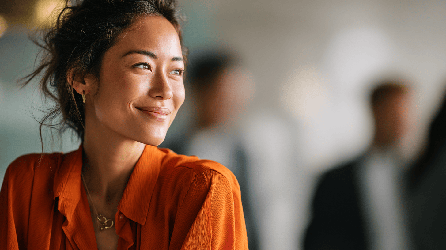 A smiling woman in an orange blouse with a delicate necklace, in a blurred professional setting.