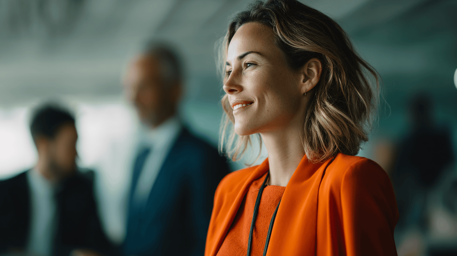 A smiling woman in an orange jacket, with blurred figures in the background, suggesting a professional environment.