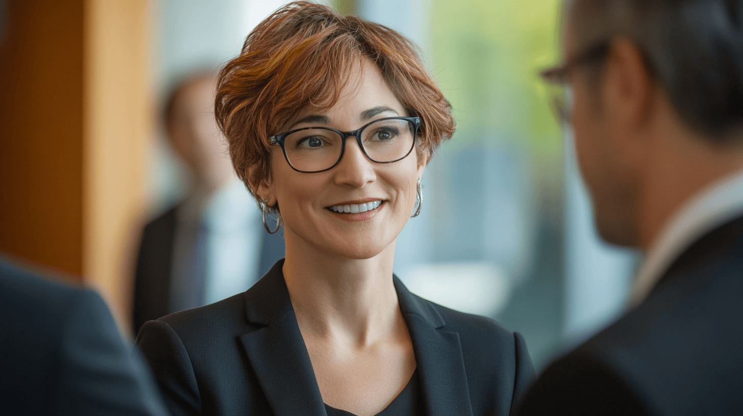 A woman with short, curly hair and glasses smiles during a conversation in a professional setting.