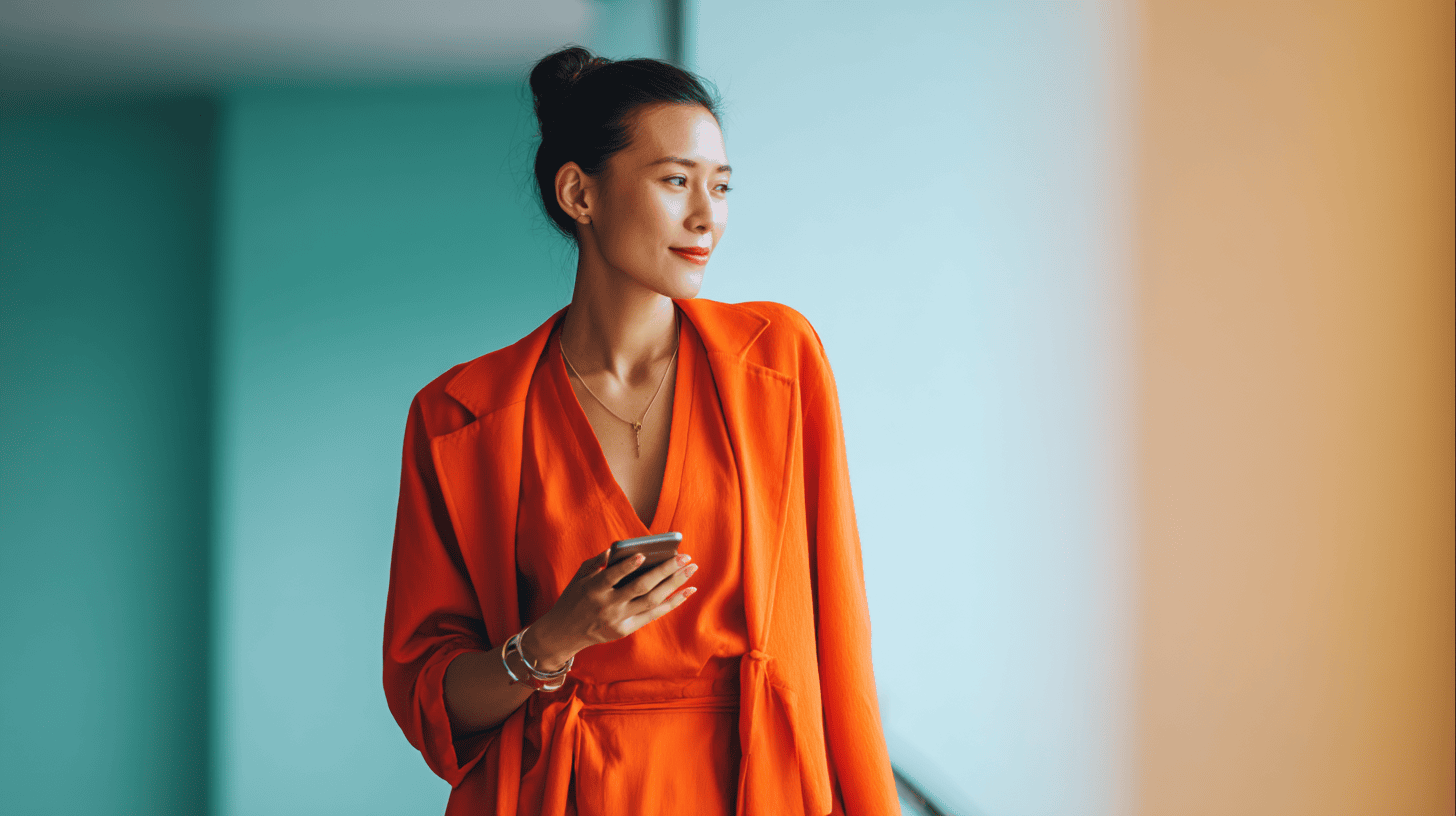 A woman in an orange outfit holds a smartphone, standing against a brightly colored wall, looking thoughtfully to the side.