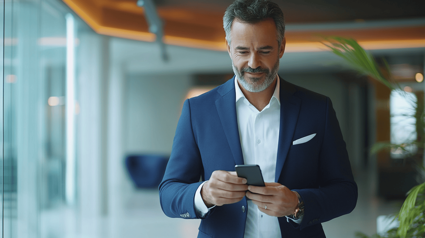 A man in a dark suit checks his smartphone in a modern office setting with glass walls and greenery in the background.