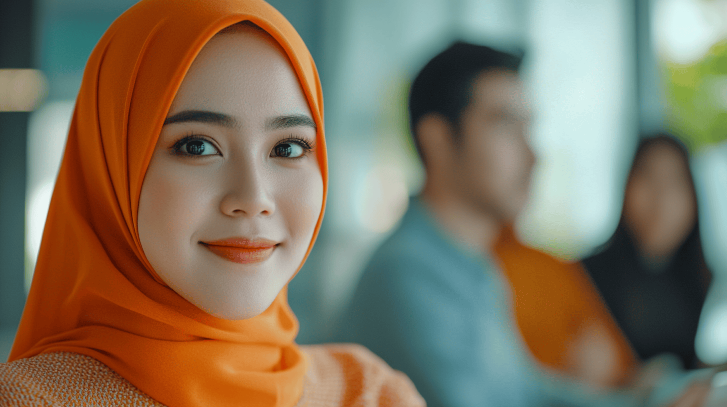 Smiling woman in an orange hijab, with blurred figures of two people in the background, in a well-lit indoor setting.
