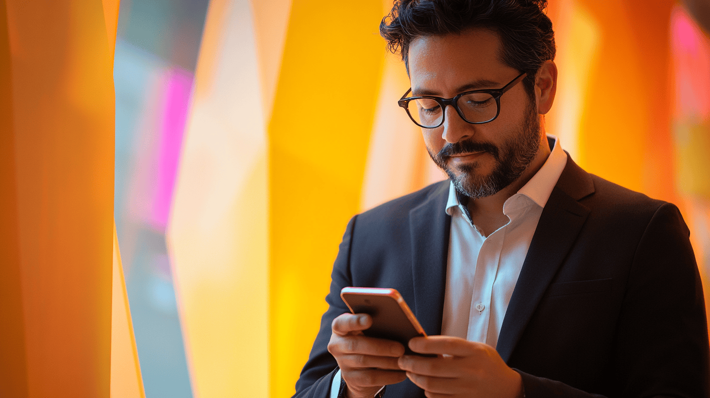 Man in a suit holds a smartphone, standing against a backdrop of colorful, illuminated panels.
