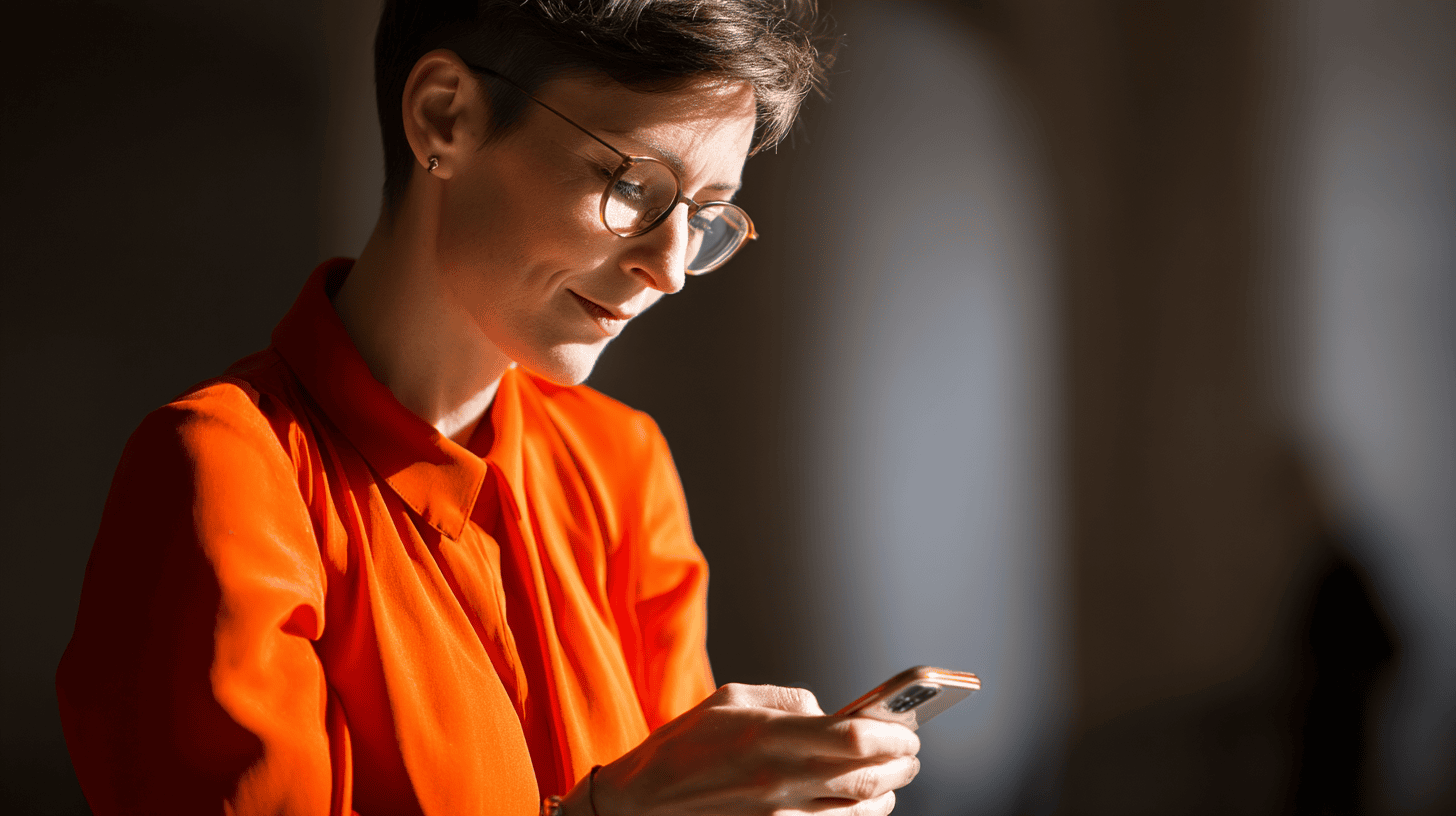 A woman in an orange shirt uses her smartphone, illuminated by soft, natural light.
