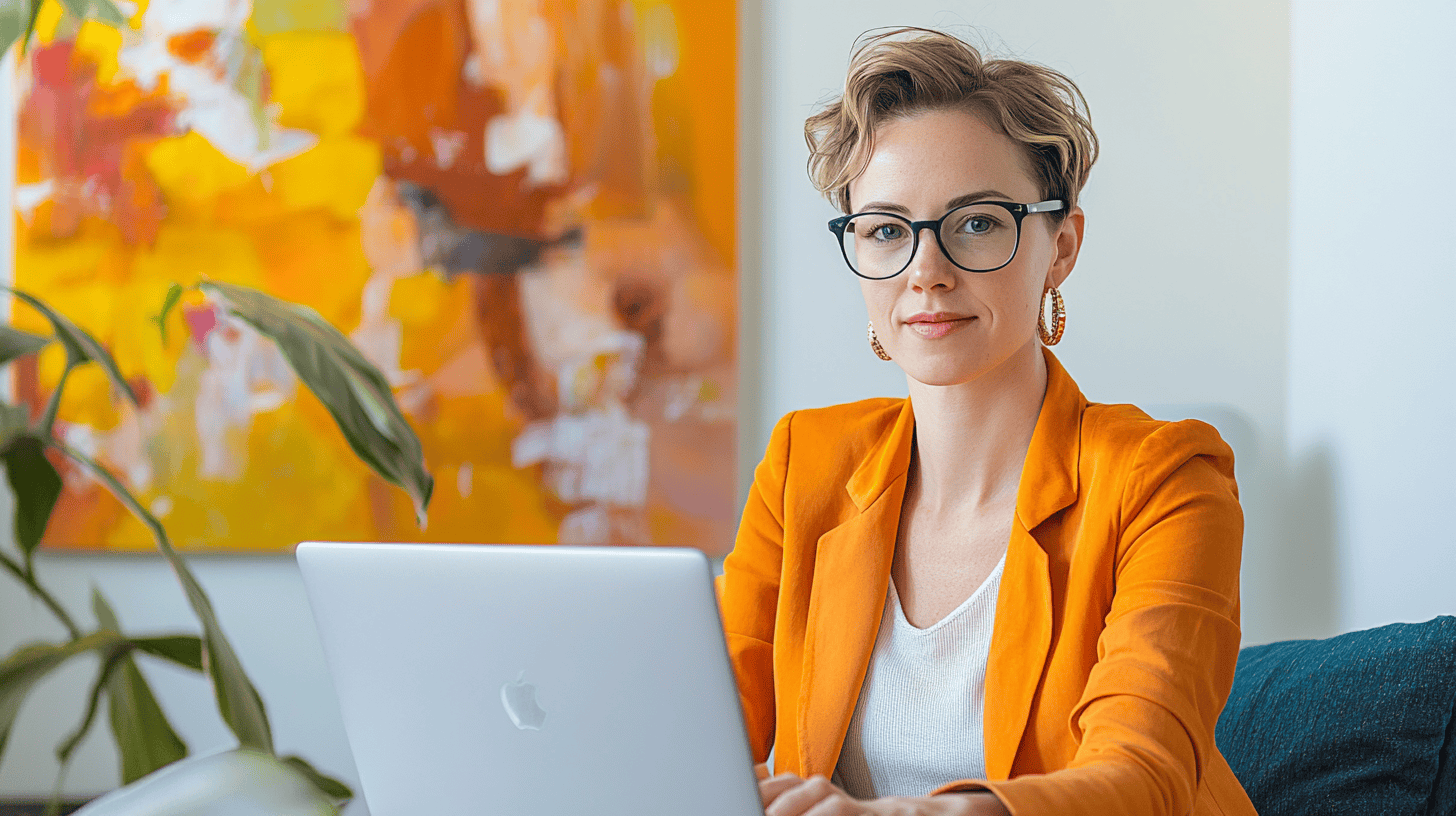 A woman in an orange blazer sits at a laptop, with a colorful abstract painting and a plant in the background.