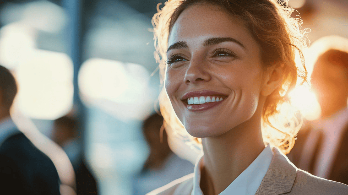 A smiling woman in a light suit stands in a blurred crowd, backlit by warm light, conveying a positive atmosphere.