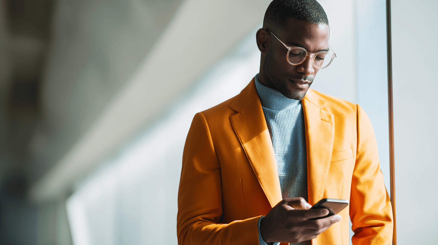 A man in an orange blazer and blue sweater is looking at his smartphone while standing by a window.