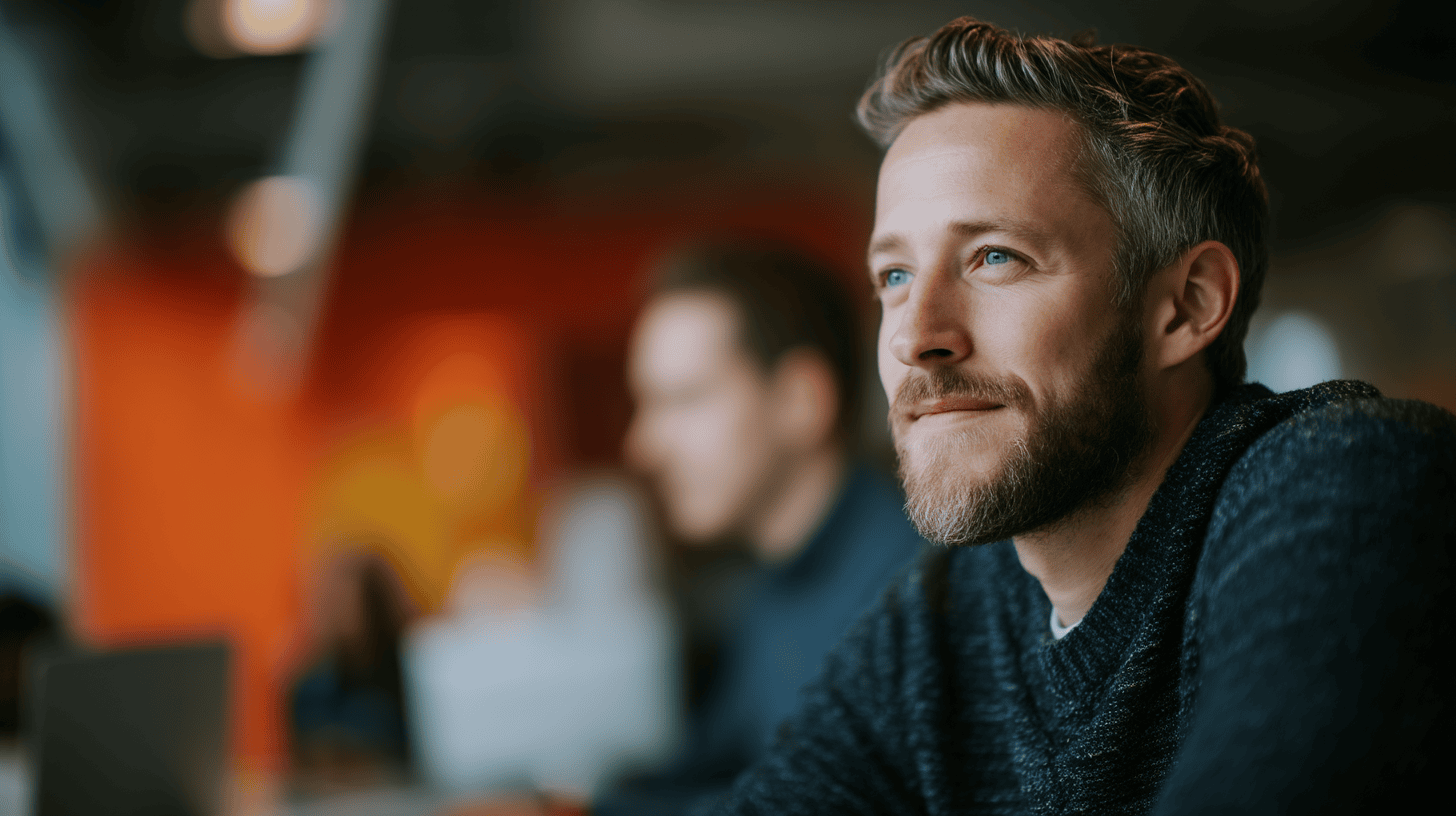 A man with a beard and blue eyes sits in an office, looking thoughtfully to the side with a blurred background.