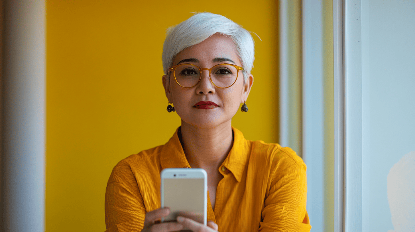 Woman with short gray hair and glasses holds a smartphone, wearing a yellow shirt, against a bright yellow background.