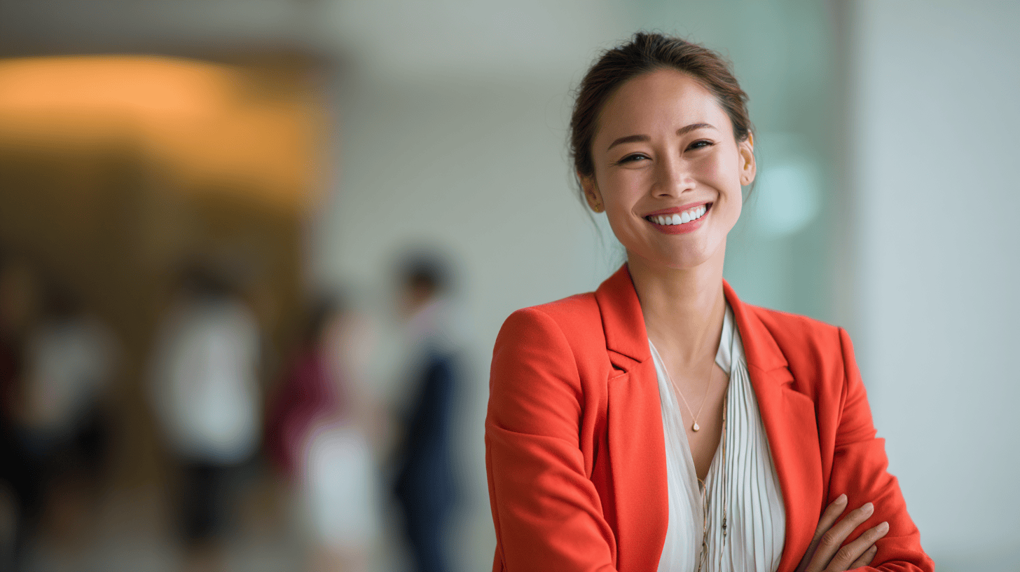 Smiling woman in an orange blazer, with arms crossed, stands in a bright, blurred office environment.