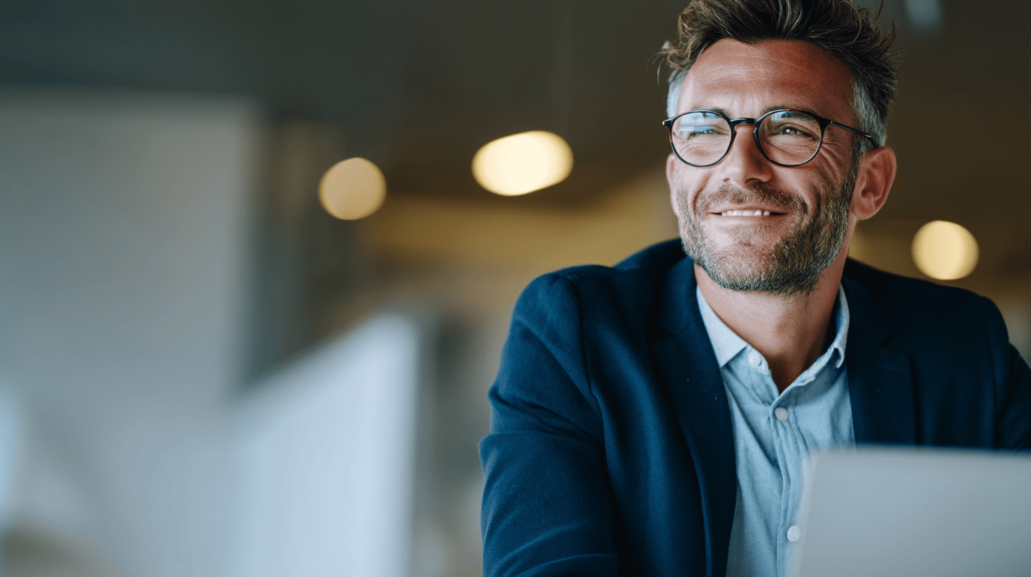 A smiling man in glasses wears a dark blazer over a light shirt, seated at a desk with a blurred background.