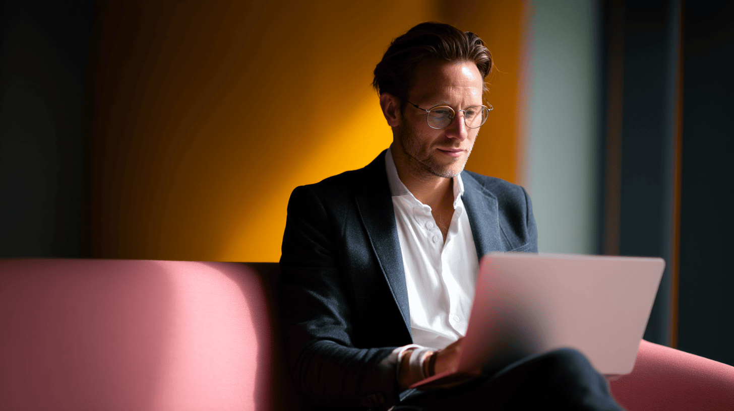 A man in a suit sits on a pink couch, focused on his laptop in a brightly lit room with colorful walls.