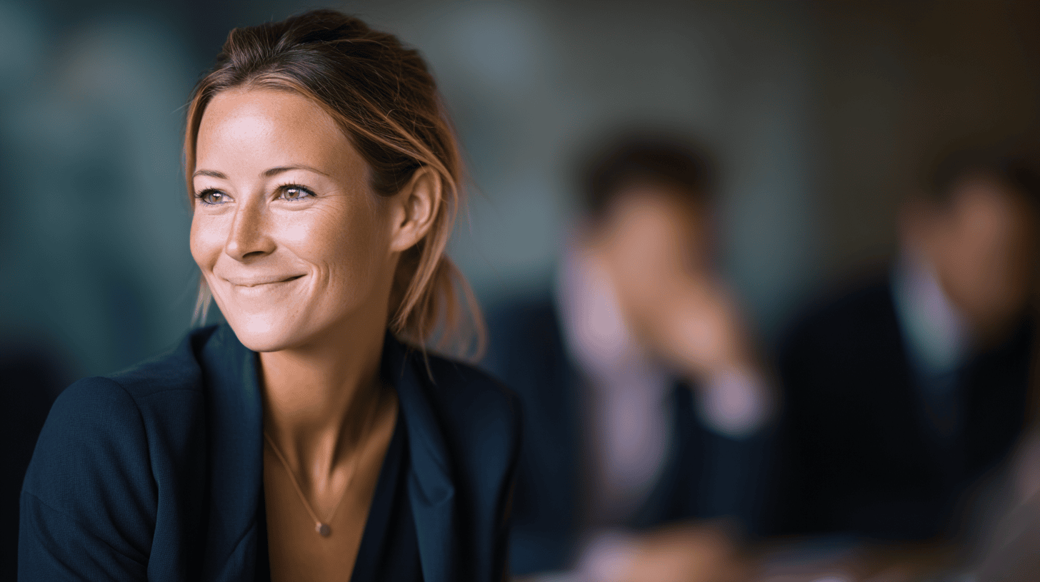 A smiling woman in a dark blazer sits in focus, with blurred colleagues in the background. Natural light highlights her features.