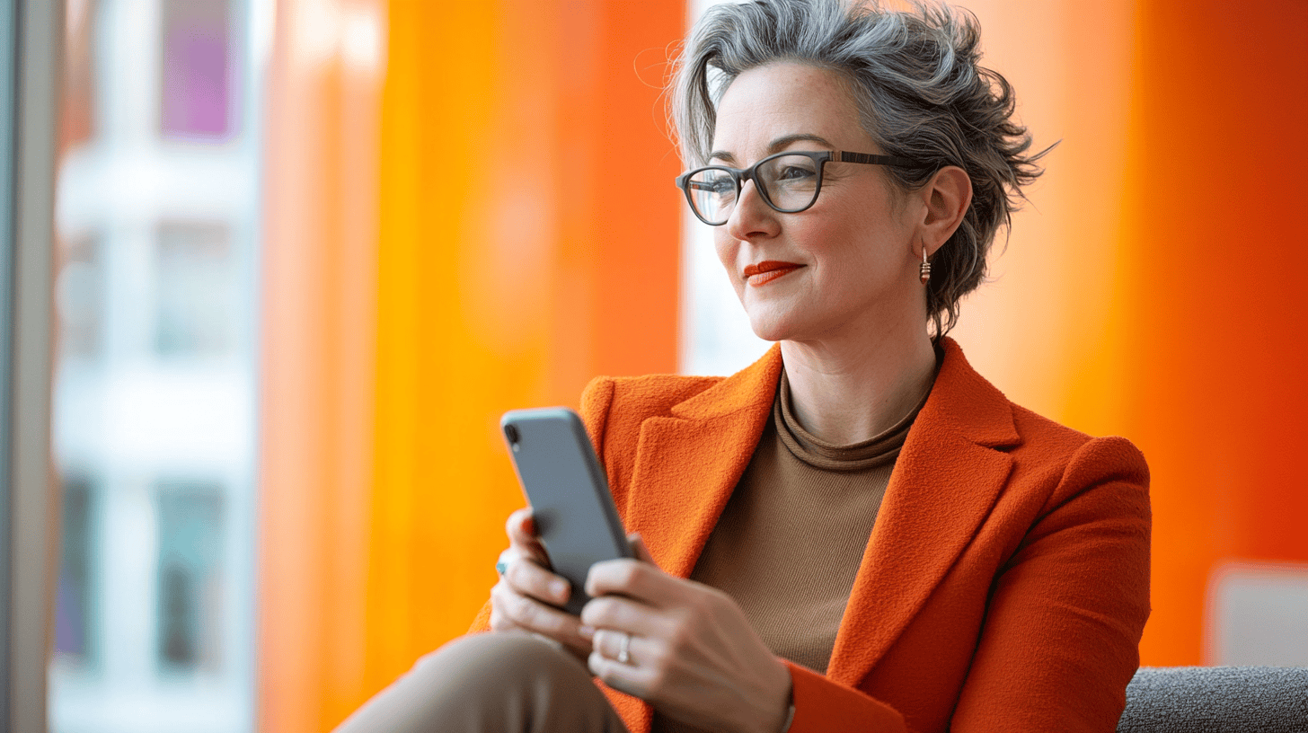A woman with short gray hair in an orange blazer sits, holding a smartphone, with an orange background.