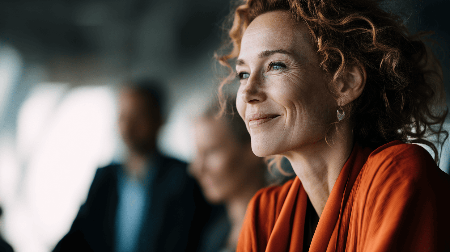 A woman with curly hair wears an orange shirt, smiling while sitting at a table with blurred figures in the background.