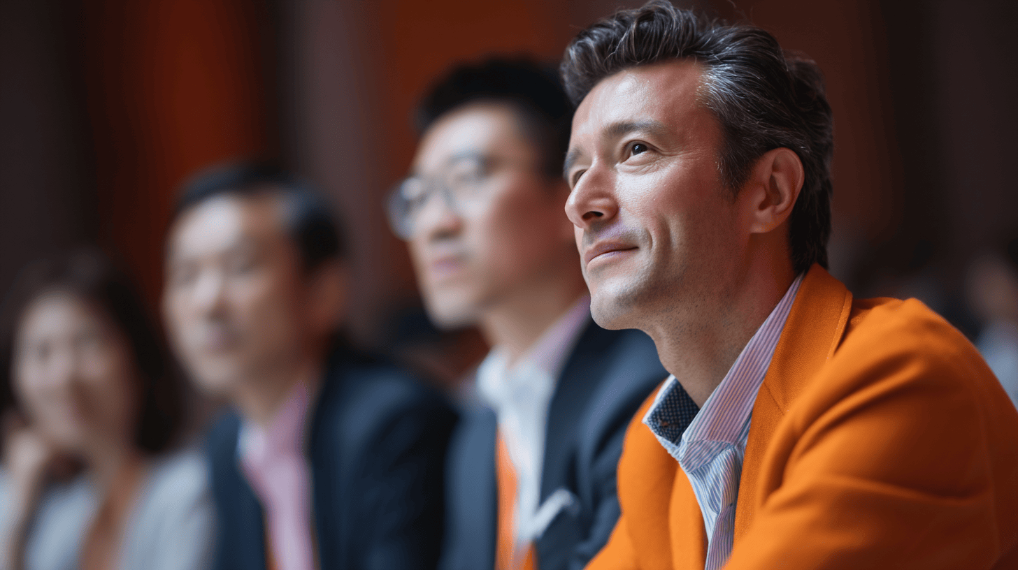A group of professionals listening attentively, with a man in an orange jacket prominently in the foreground.