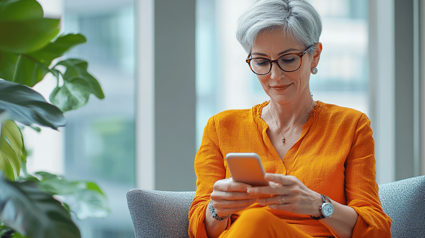 A woman with short gray hair and glasses sits on a sofa, holding a smartphone, surrounded by indoor plants.