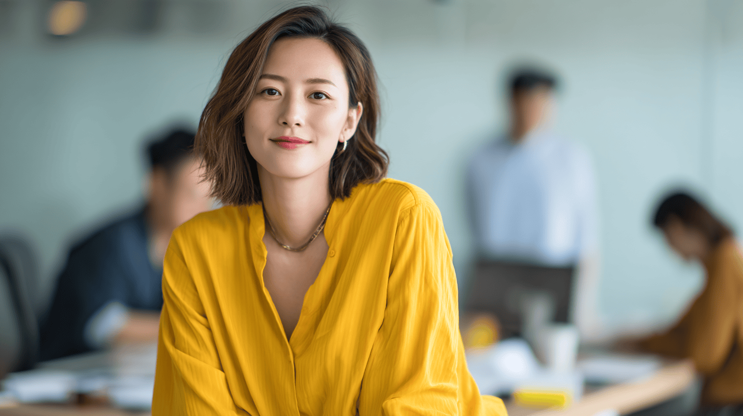 A woman in a yellow blouse smiles at the camera, with blurred colleagues working in the background.