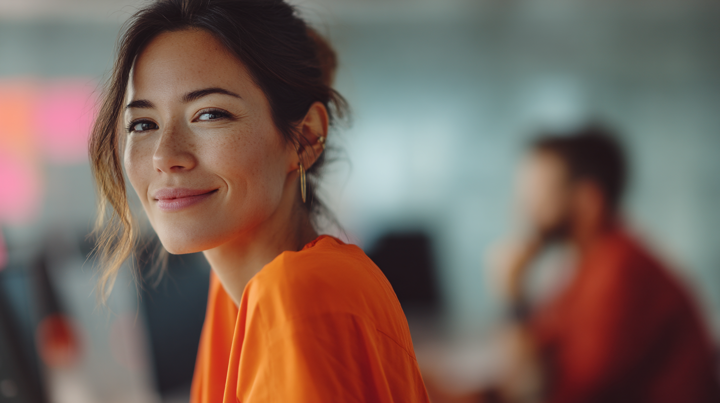 A woman with freckles smiles warmly, wearing an orange shirt, in a bright office environment with a blurred figure in the background.