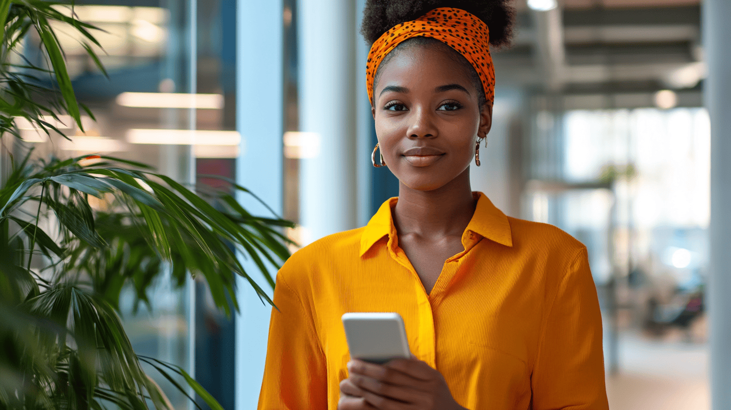 A young woman in an orange shirt and patterned headband holds a smartphone, standing near a plant in a modern space.
