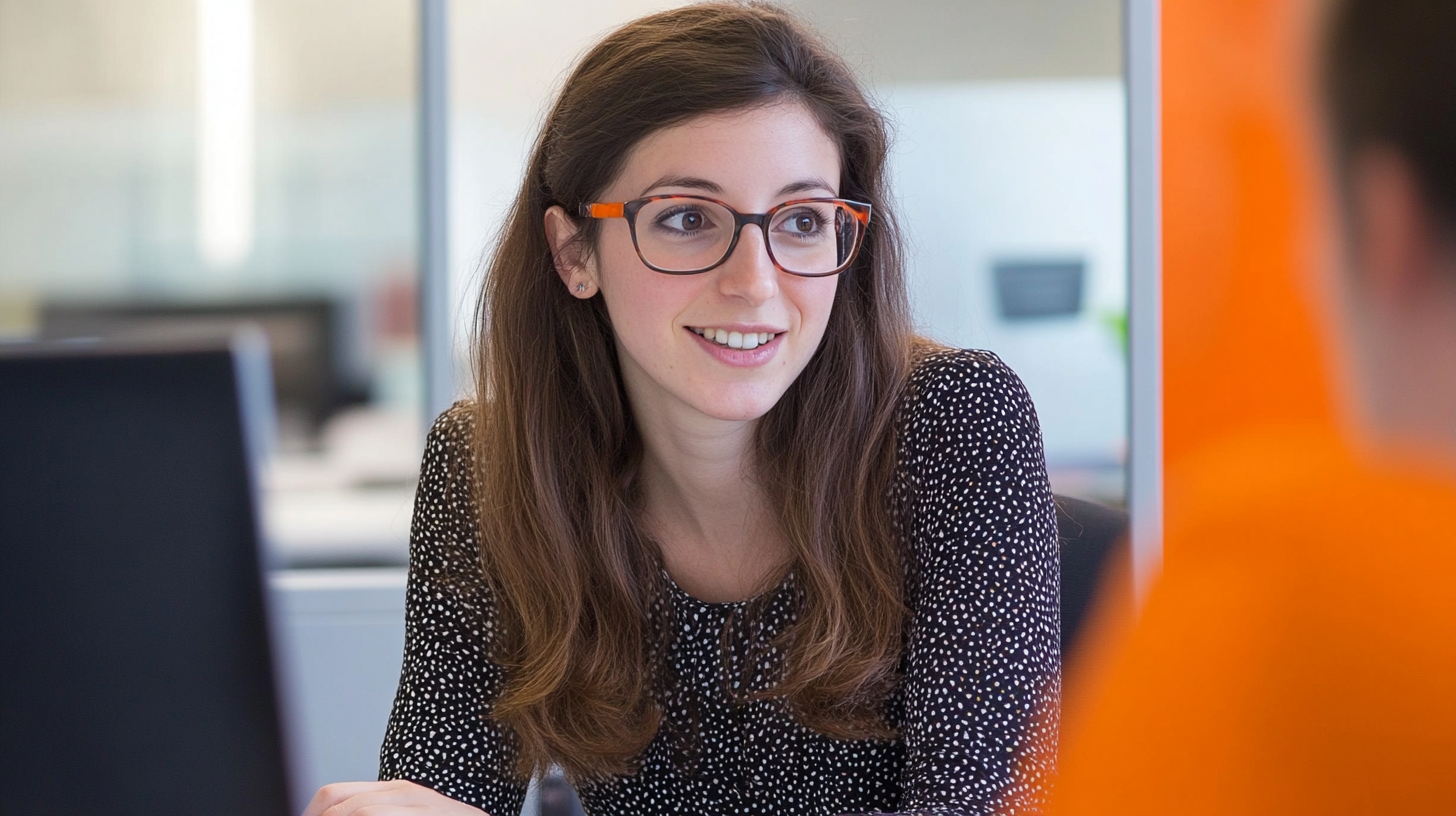 A woman with long hair and glasses smiles while engaged in conversation in a modern office setting.