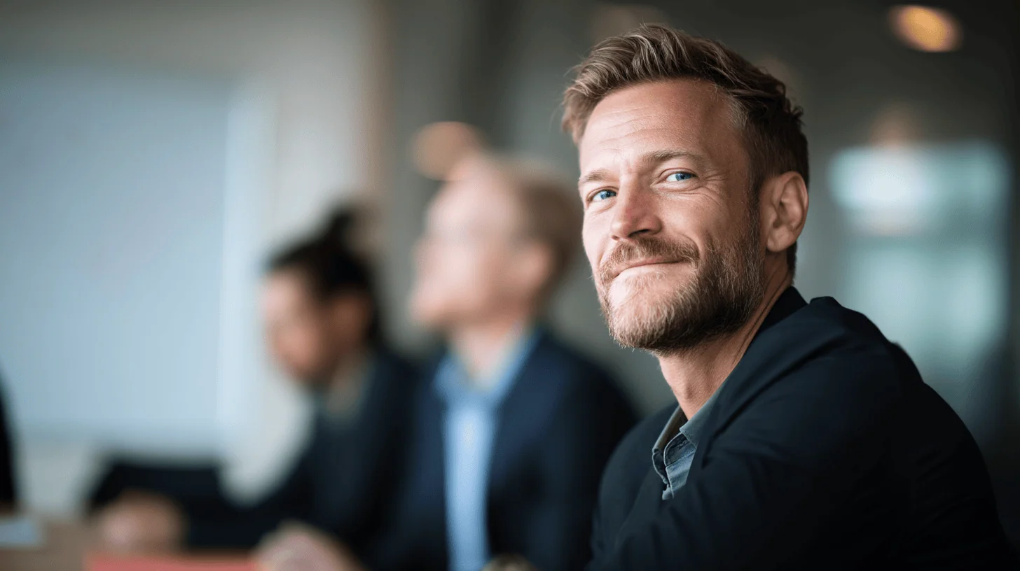 A smiling man in a black shirt sits at a conference table, with blurred colleagues in the background, in a bright office setting.