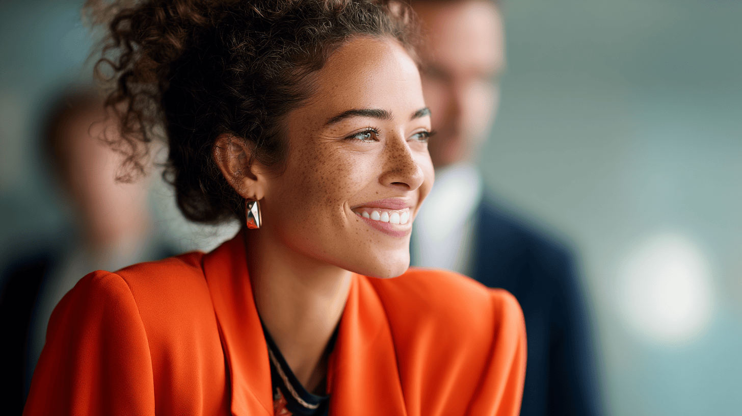 A smiling woman with curly hair wears an orange blazer and gold earrings, with blurred figures in the background.