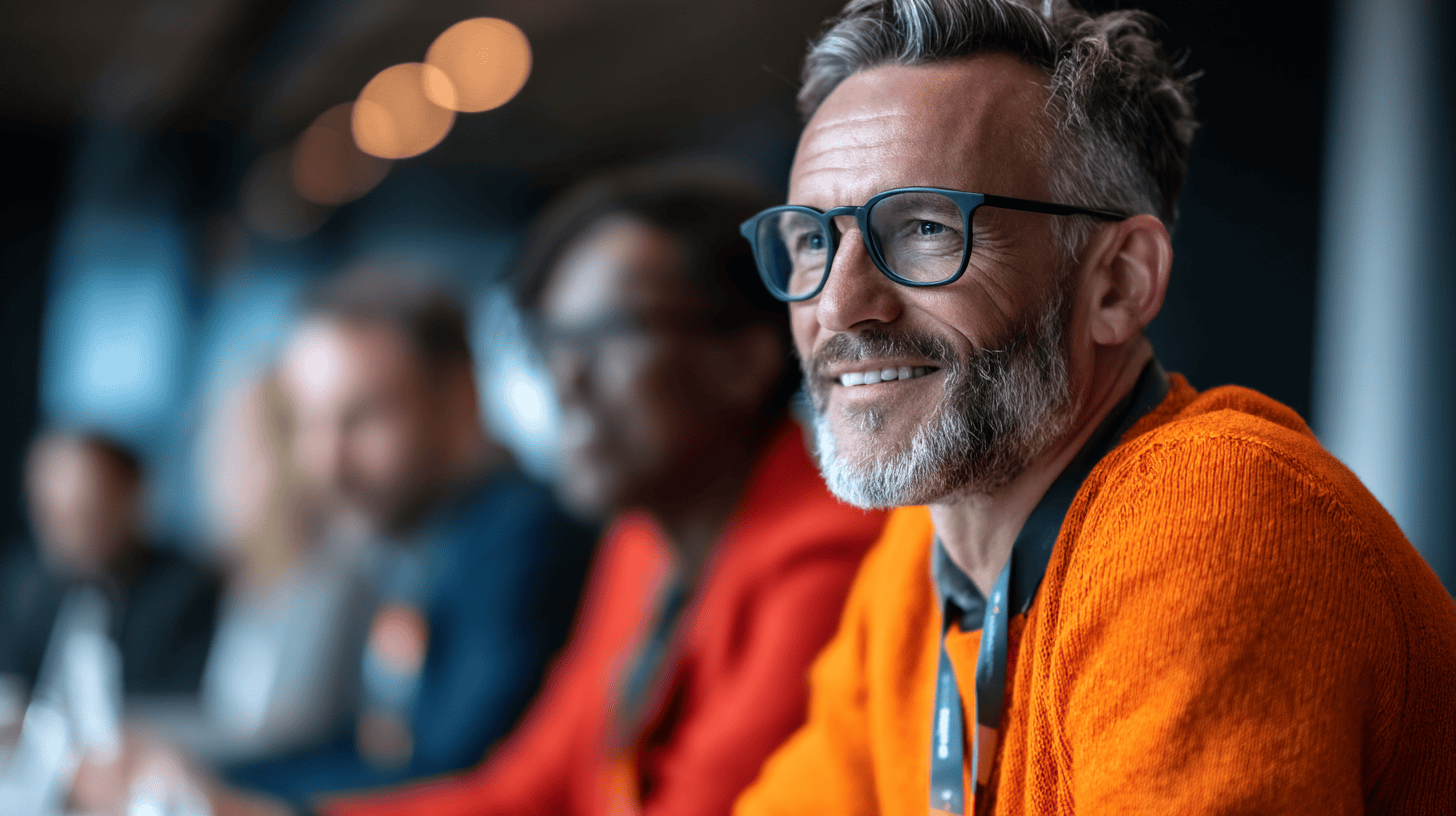 A smiling man in an orange sweater and glasses sits at a conference table, with blurred colleagues in the background.