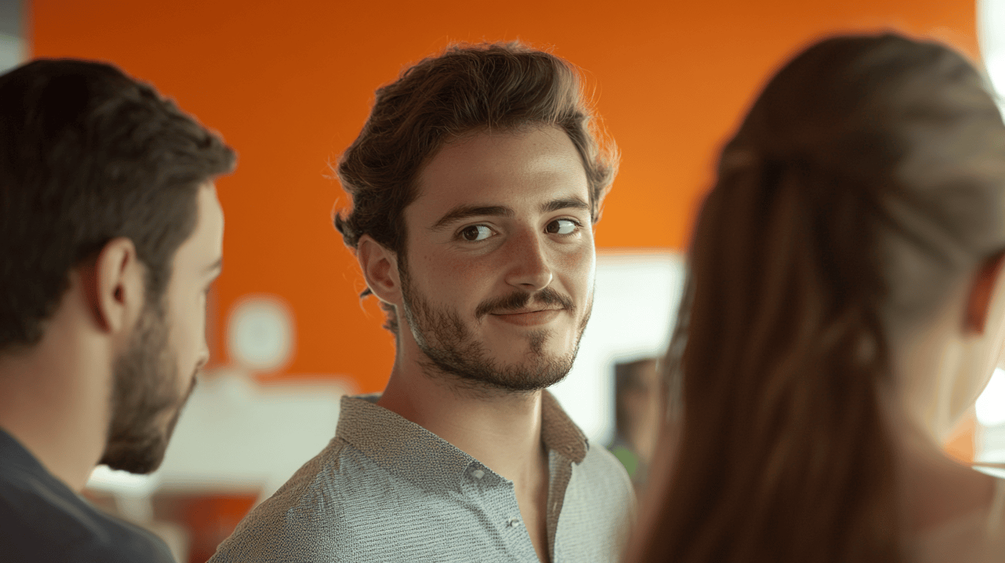 A young man with curly hair smiles while looking back at two people in a bright orange setting.
