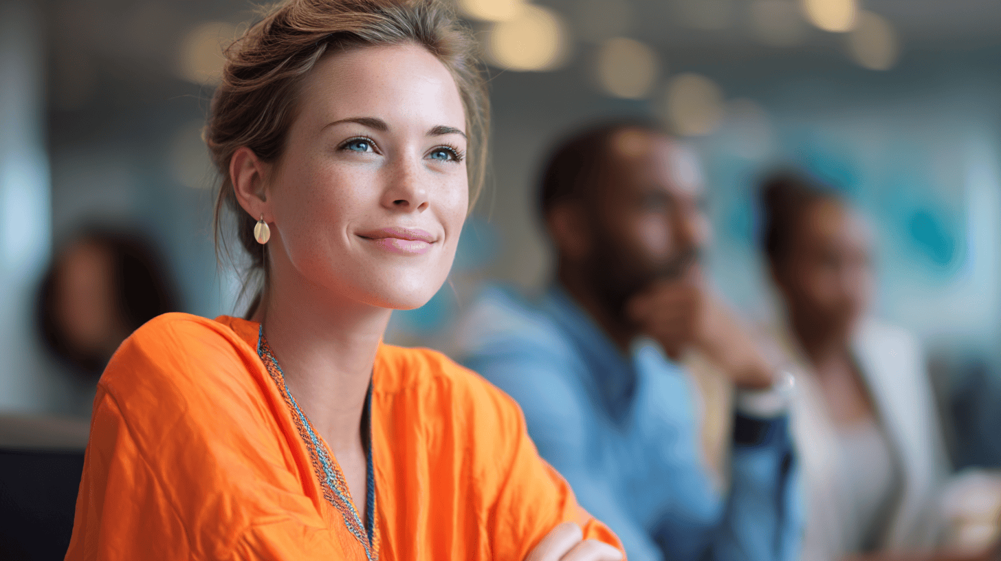 A woman in an orange top smiles thoughtfully while attending a meeting, with blurred attendees in the background.