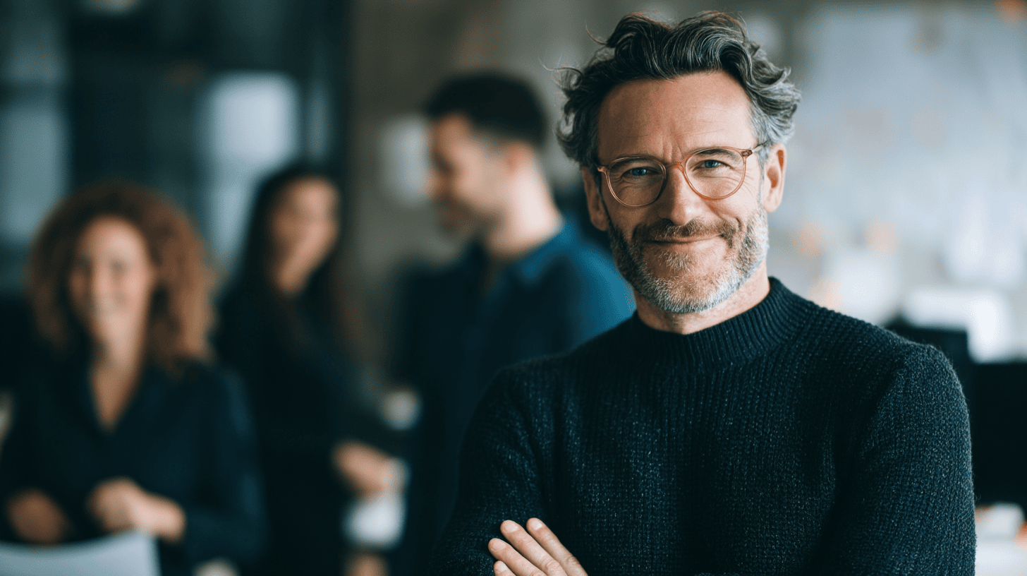 Man with glasses and a beard smiles confidently in an office setting, with blurred colleagues in the background.