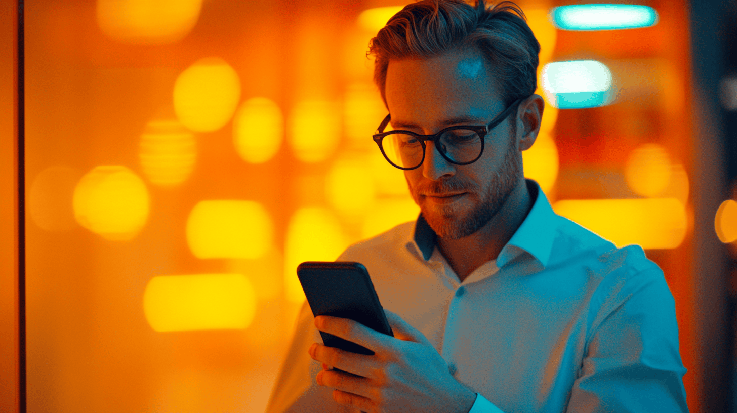 A man in a white shirt and glasses checks his smartphone against a warm, orange background with soft glowing lights.