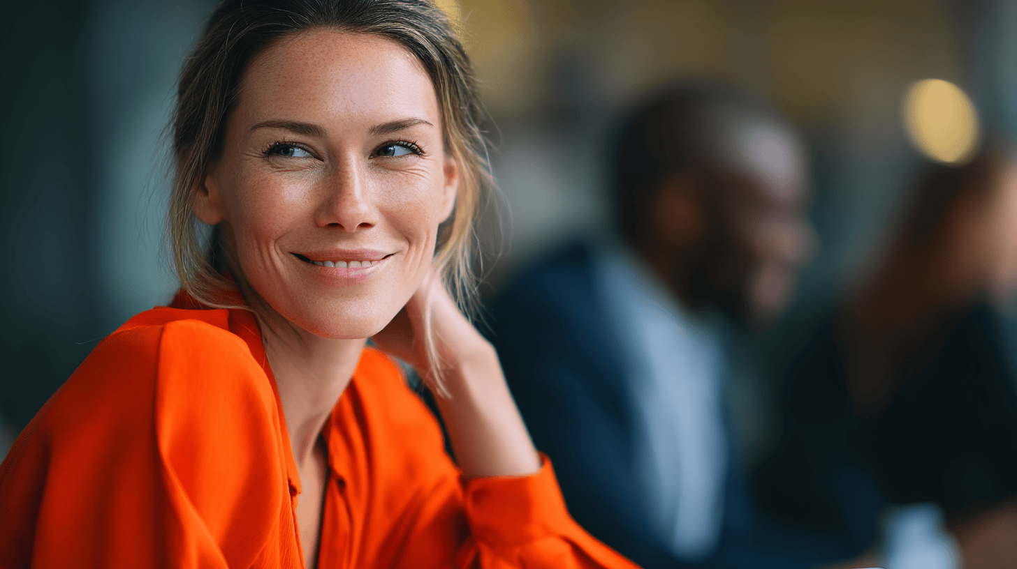 A smiling woman in an orange shirt sits at a table, with blurred figures in the background.