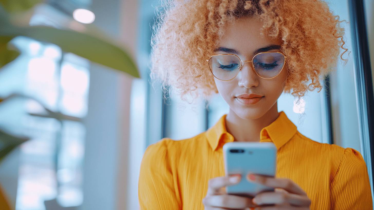 A young woman with curly hair and glasses looks at her phone, wearing a bright yellow shirt in a bright, modern space.