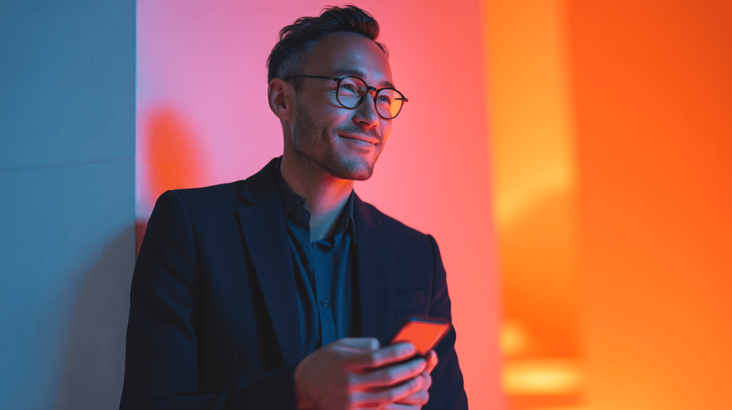 A man in a suit smiles while holding a smartphone, illuminated by colorful pink and orange light.