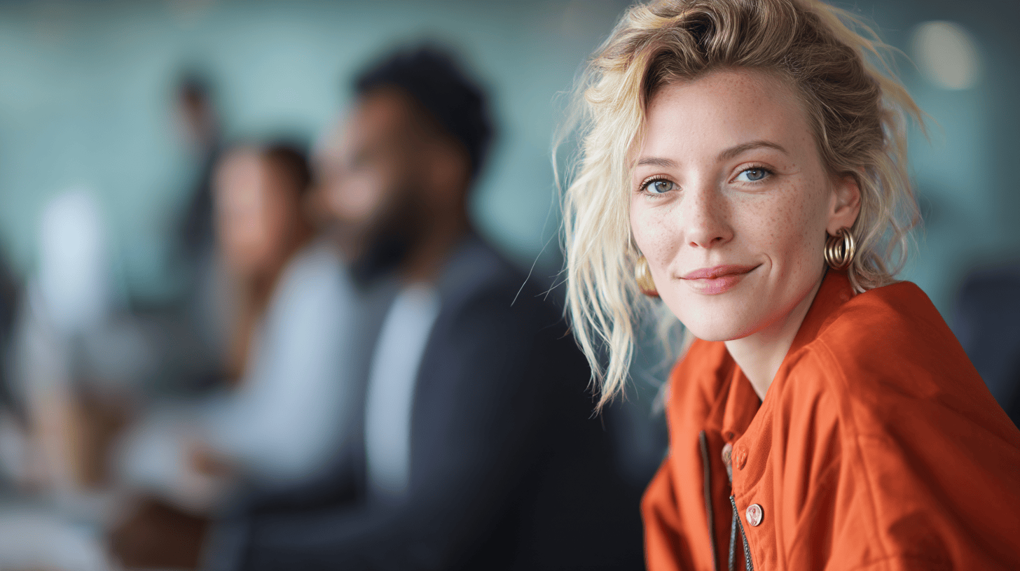 A woman with curly blonde hair and statement earrings smiles, sitting in an office with colleagues in the background.