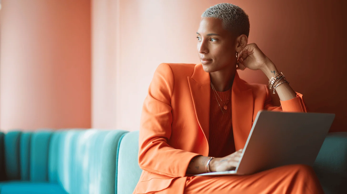 A woman in an orange suit sits on a teal couch, thoughtfully looking away while working on a laptop.