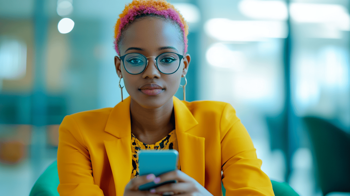 A woman with colorful hair wearing glasses and a bright yellow blazer looks at her phone, seated in a modern setting.