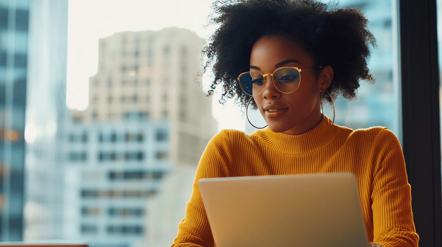 A woman with curly hair in eyeglasses wears a yellow sweater, focused on a laptop with a cityscape in the background.