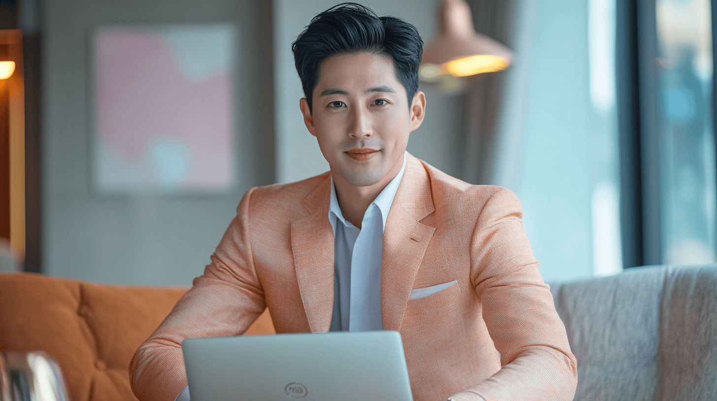 A man in an orange suit sits at a table with a laptop, smiling, in a modern, bright indoor space.