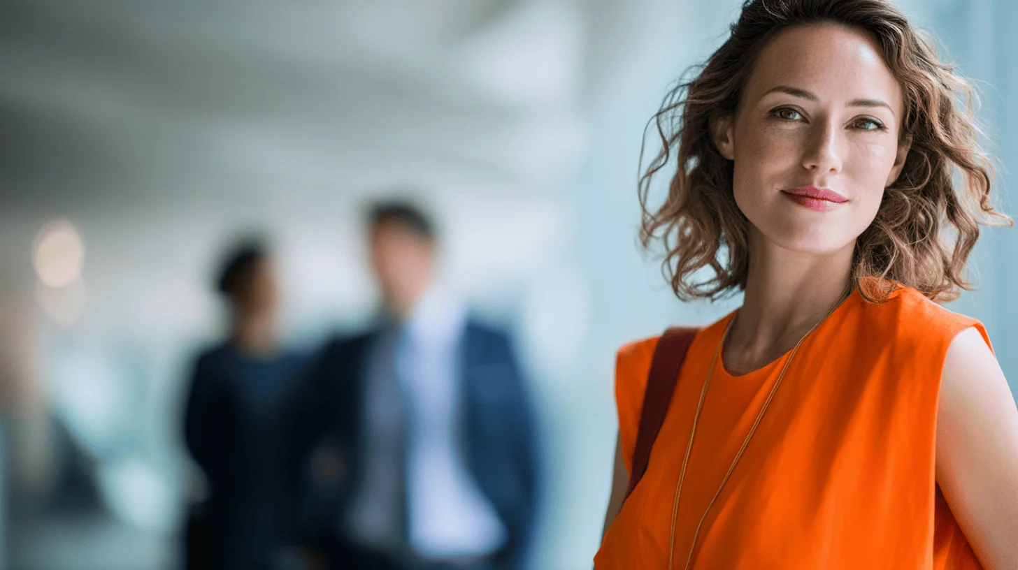 A woman in an orange top stands confidently, with two blurred figures in the background, suggesting a professional setting.