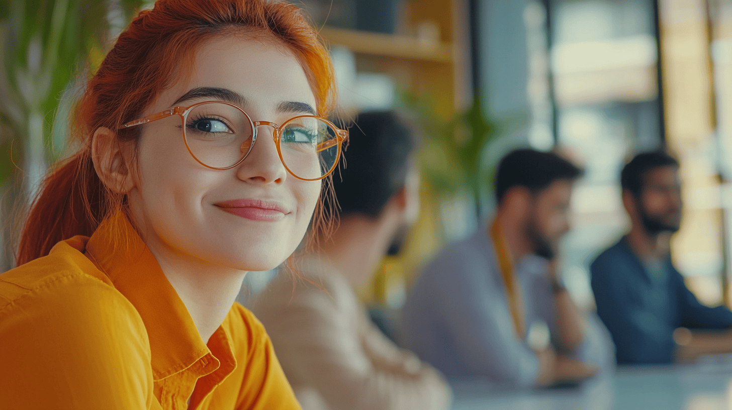 Young woman with orange hair and glasses smiles at the camera, with blurred figures in the background in a modern setting.