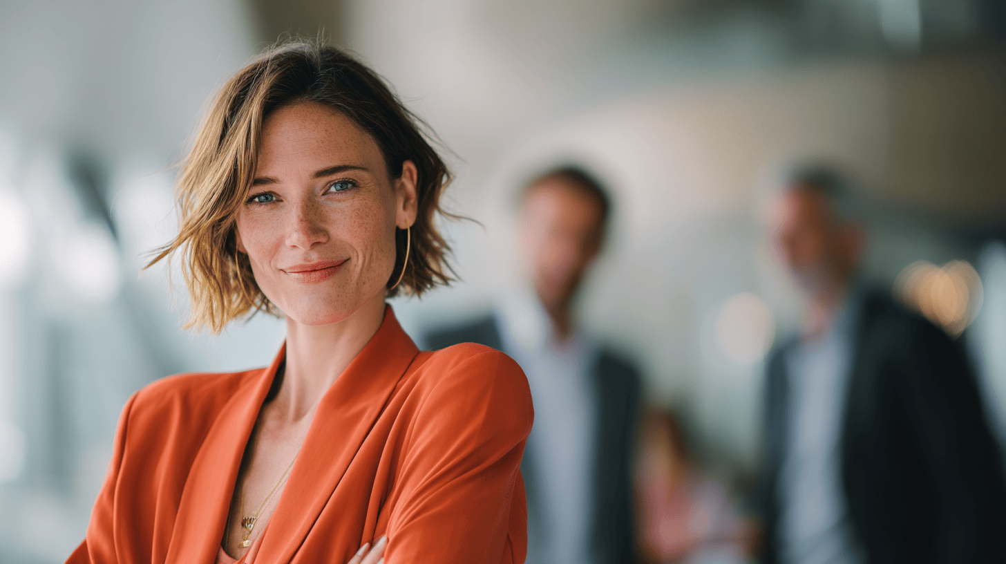 A smiling woman in an orange blazer poses confidently, with two blurred figures in the background.