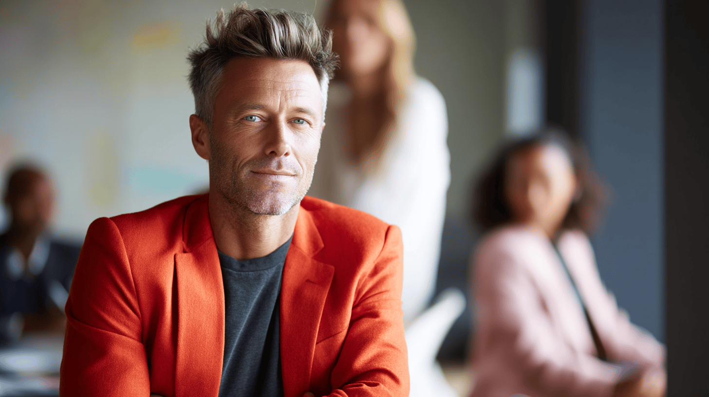 A man in an orange blazer sits at a table, looking at the camera, with blurred colleagues in the background.