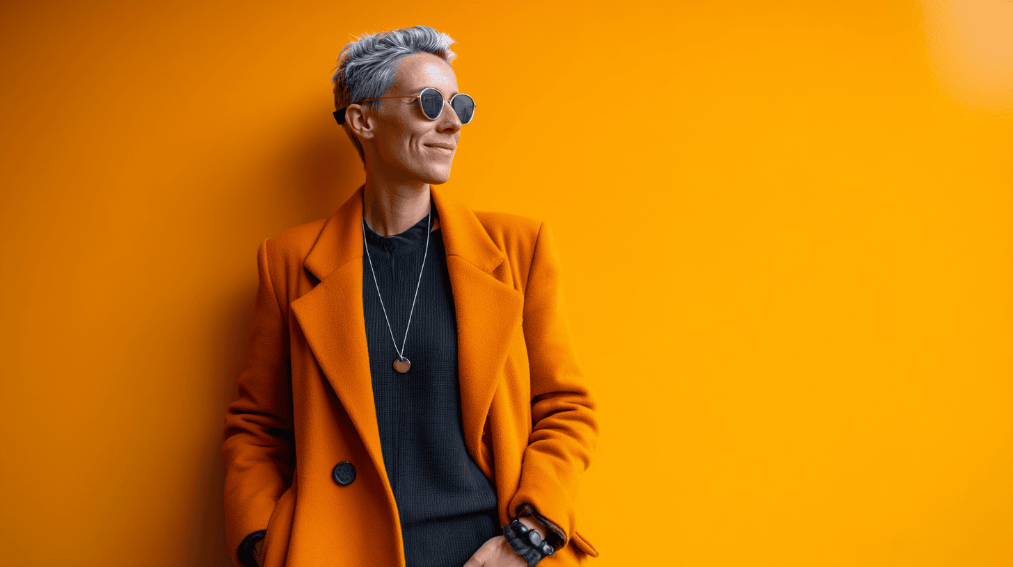A person with short, silver hair in sunglasses leans against a bright orange wall, wearing an orange coat over a black top.