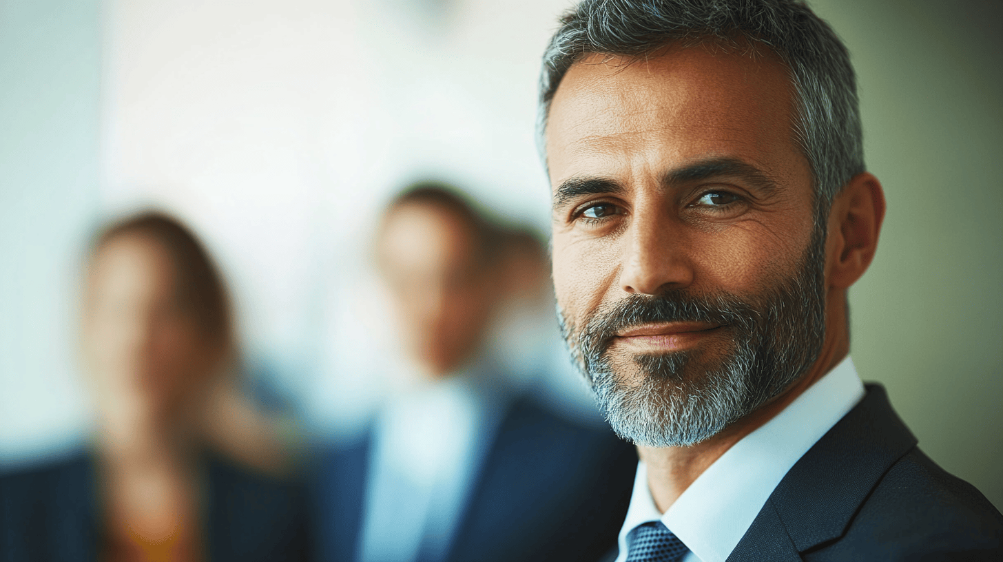 A smiling man with a beard and gray hair dressed in a suit, with blurred figures in the background.