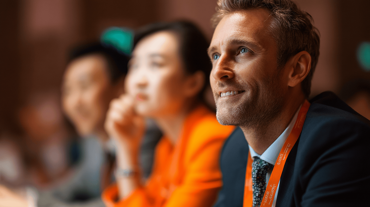 A smiling man in a suit with an orange lanyard sits among blurred attendees at a conference or event.