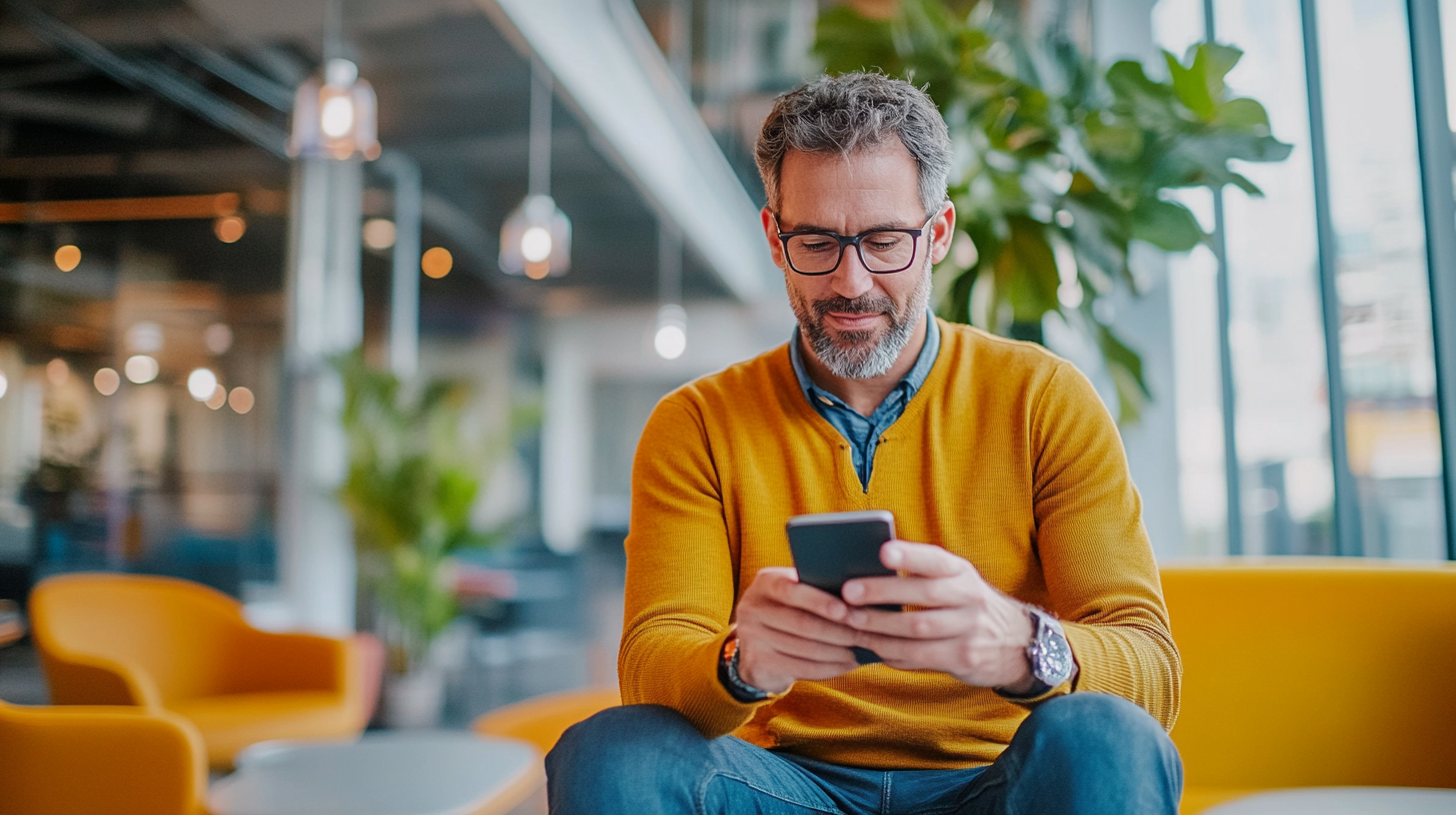 A man with glasses in a yellow sweater sits on a couch, looking at his smartphone in a modern, well-lit space.